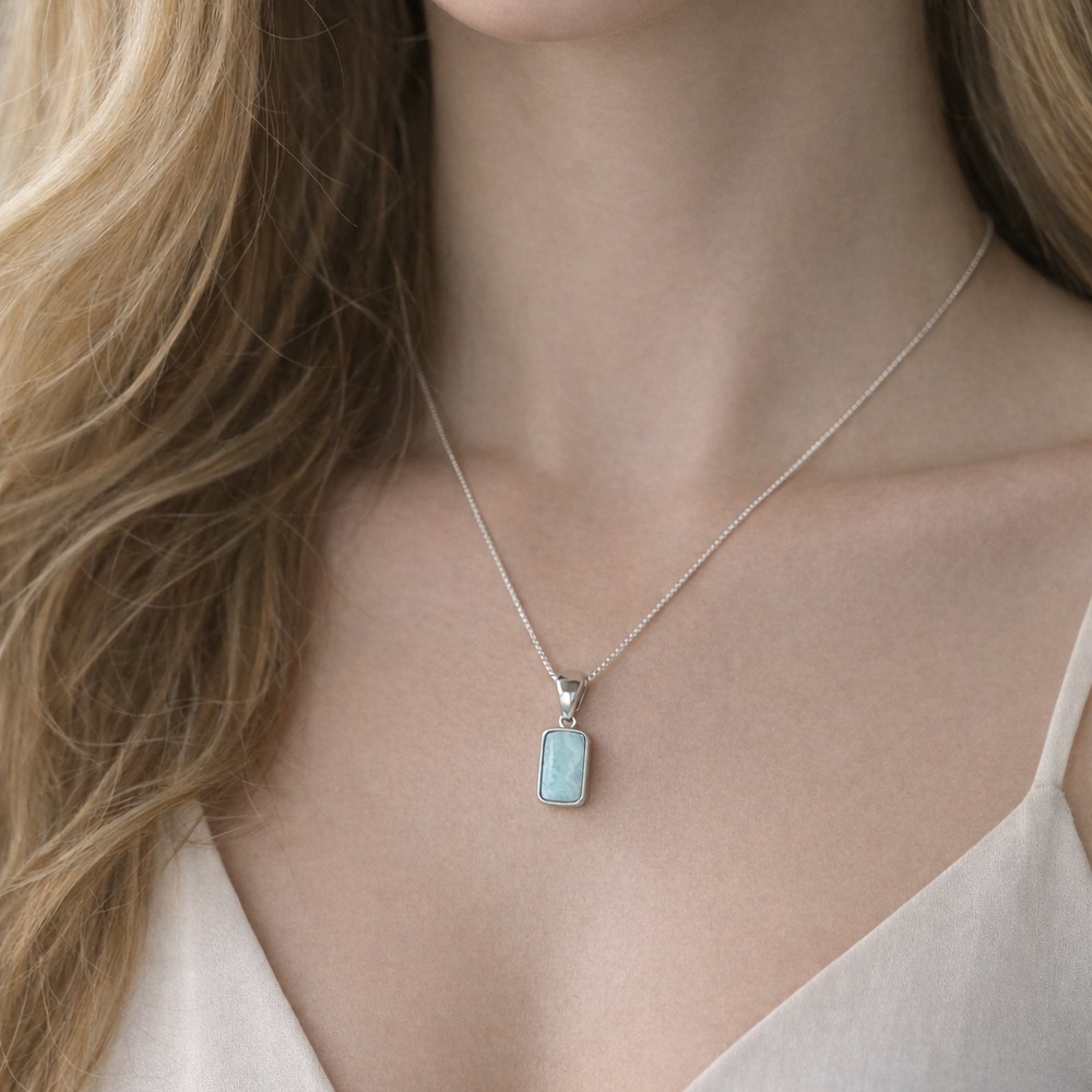 925 Sterling Silver Natural Larimar Necklace! NEW! - Picture 4 of 4